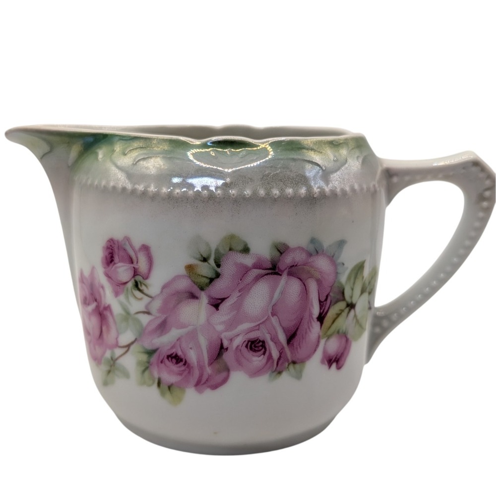 Vintage Creamer Pitcher Pink Flowers Roses‎ Hand Painted Germany Textured Dots